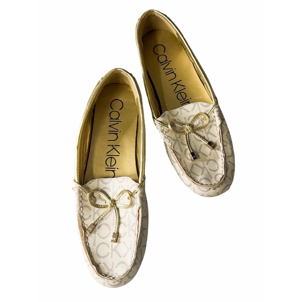 Calvin Klein Women's Loafers CK Logo Gold Driving Moccasins Flats 10M Slip On